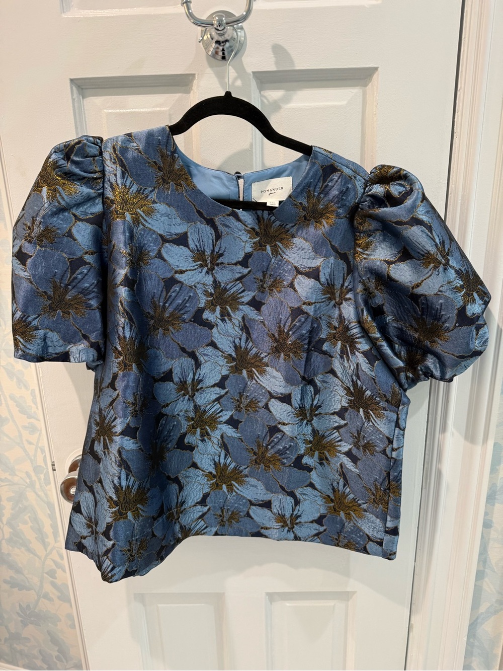Tuckernuck Blue and Gold Floral Puff-Sleeve Top
